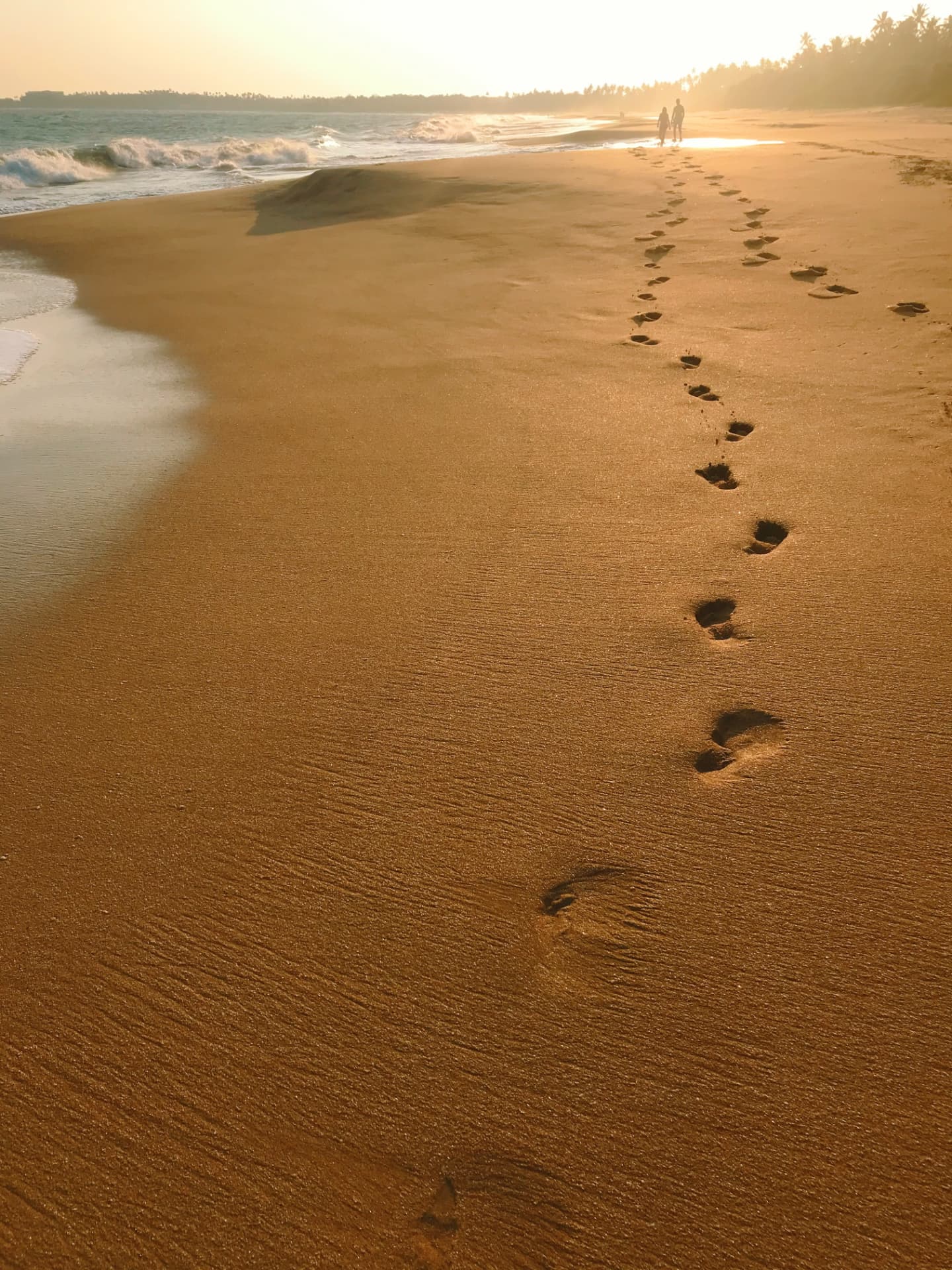 Footprints along a golden beach at sunset, waves meeting the shore