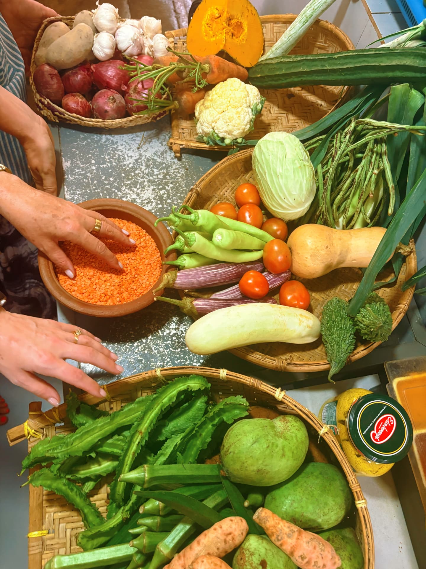 Fresh Sri Lankan vegetables and ingredients ready for a cookery lesson